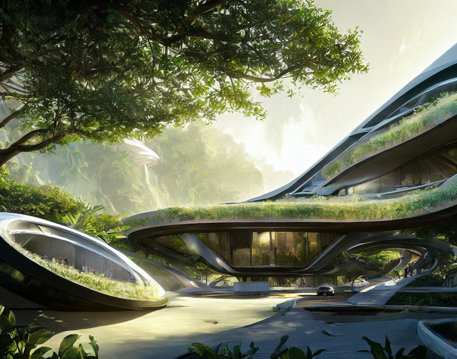 Organic futuristic buildings in lush green forest