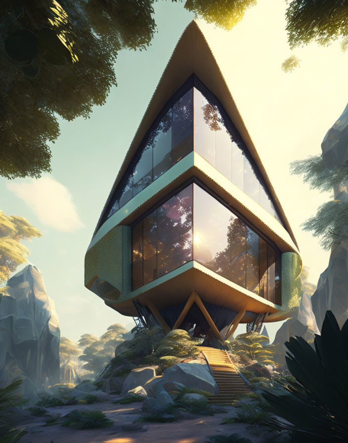 Triangular-Shaped Treehouse with Large Glass Panels nestled in lush greenery