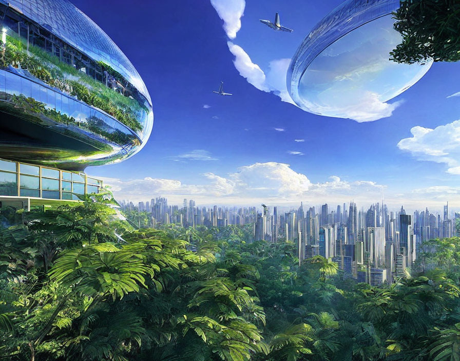 Futuristic cityscape with greenery, high-tech buildings, and flying vehicles