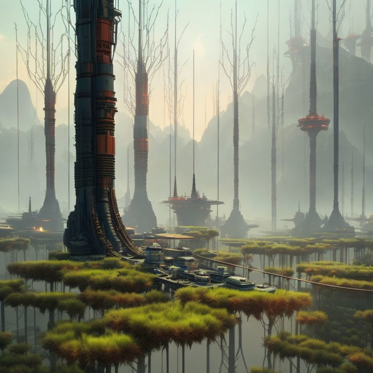 Alien planet with futuristic towers in misty marsh landscape