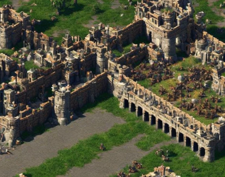 Ancient stone fortress with towers and walls in lush green landscape