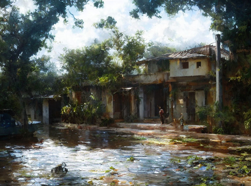 Tranquil village scene with dilapidated buildings, lush trees, and lone figure