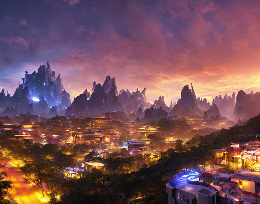 Fantasy landscape with illuminated village nestled in mountains