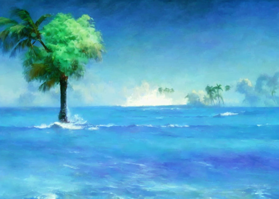 Tranquil seascape with palm tree, ocean waves, and misty island