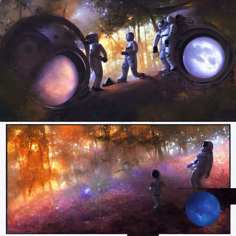 Astronauts in vibrant mystical forest with spacecraft hatch.