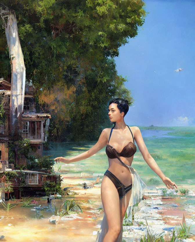 Woman in black swimsuit in post-apocalyptic landscape with dilapidated buildings.