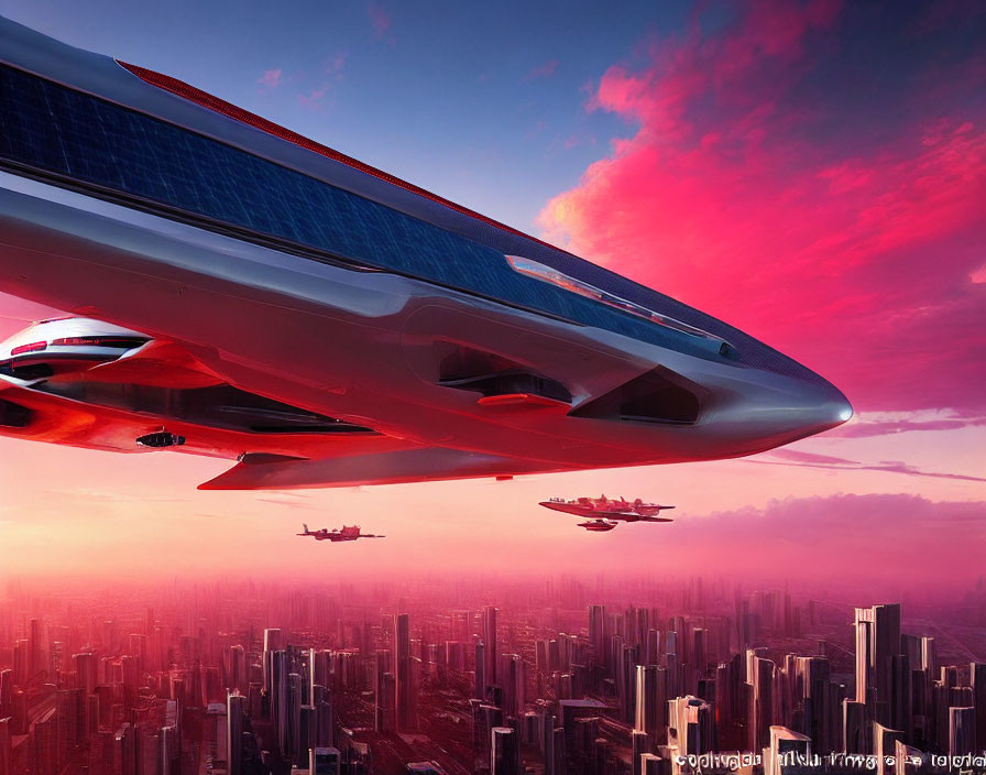 Futuristic solar-powered flying vehicles over modern city skyline at sunset