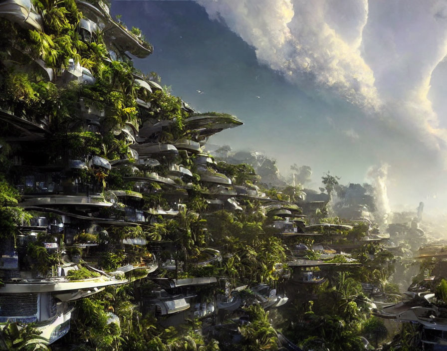 Futuristic cityscape with terraced buildings and greenery under cloudy sky