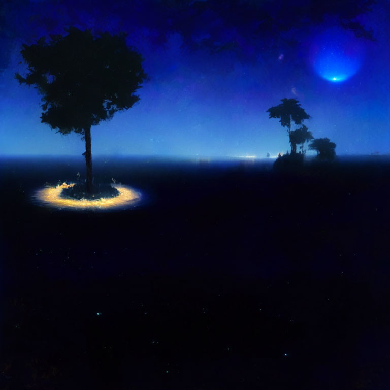 Solitary tree under blue moon and stars in mystical night scene