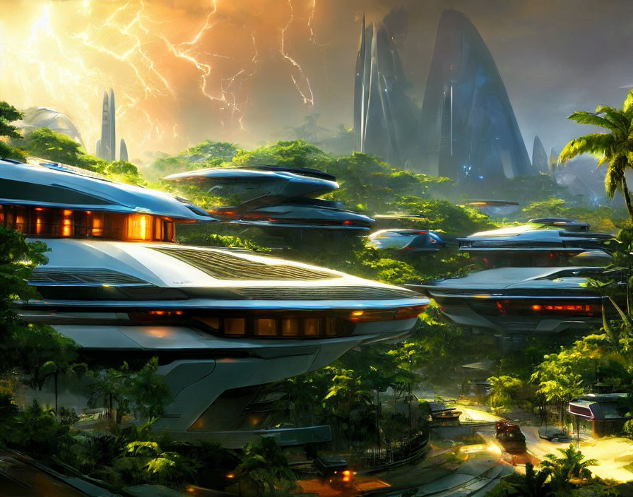 Futuristic cityscape with flying vehicles, towering structures, lush vegetation, and lightning backdrop.