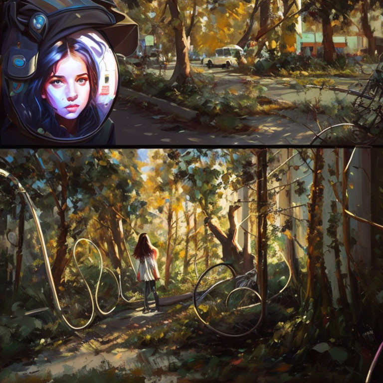 Digital artwork: Woman in futuristic helmet above girl in sunlit forest with abandoned bikes