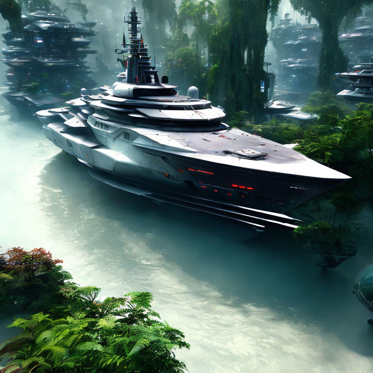 Futuristic battleship over misty forest with advanced structures