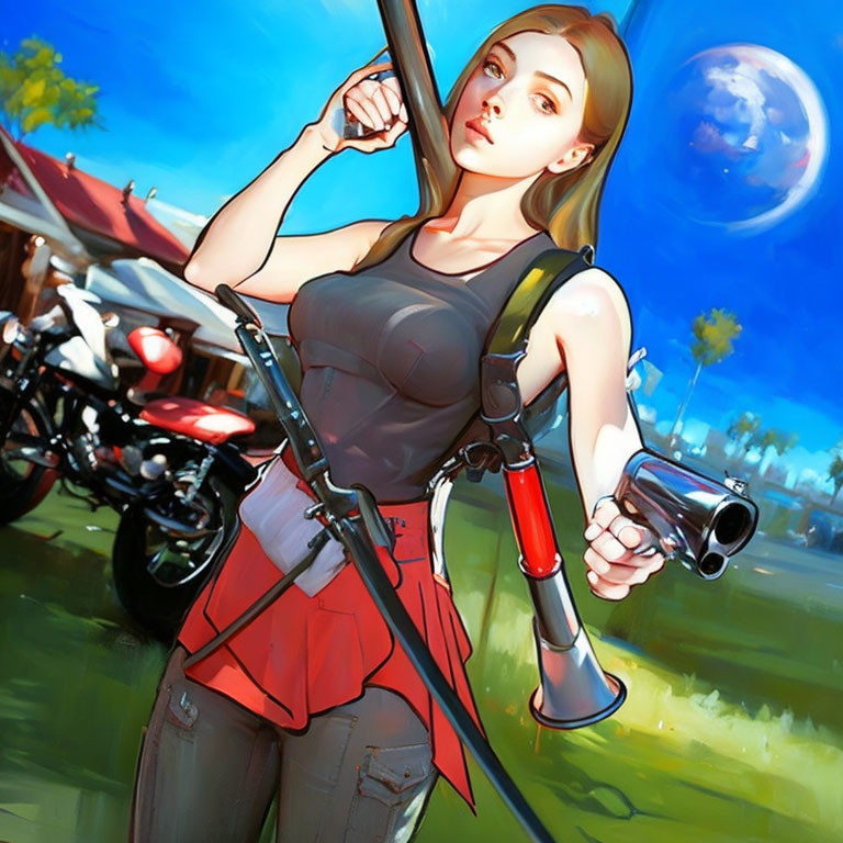 Confident woman with bat and shotgun by motorcycles under blue sky and moon