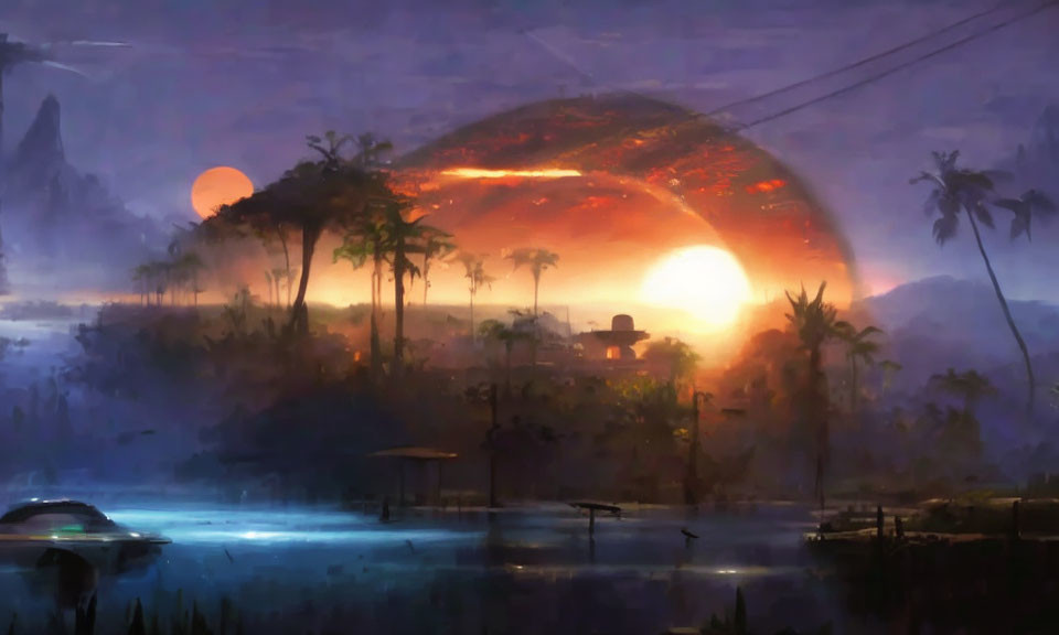 Futuristic dusk landscape with red planet, hovering vehicle, and silhouetted palm trees