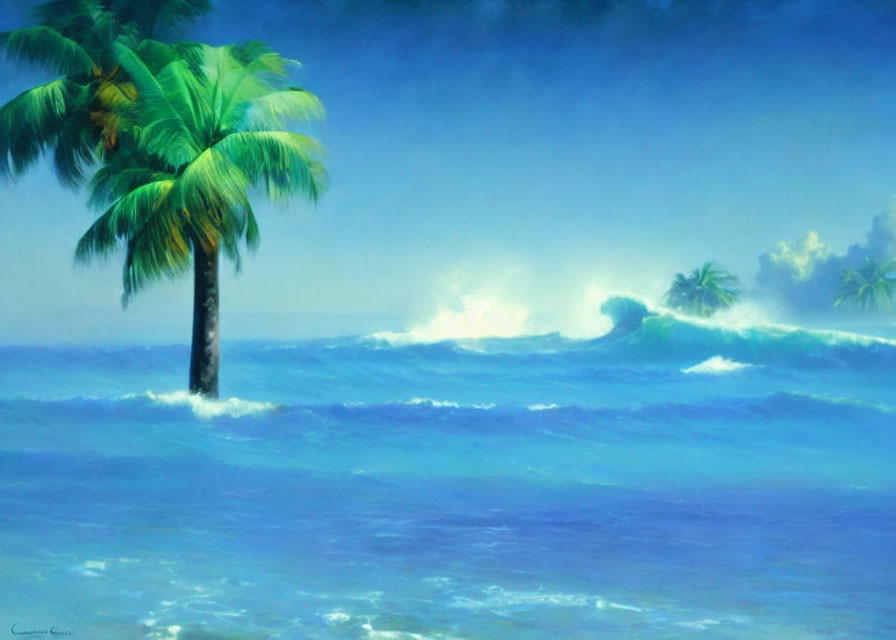 Tranquil tropical seascape with palm tree, ocean waves, and misty island