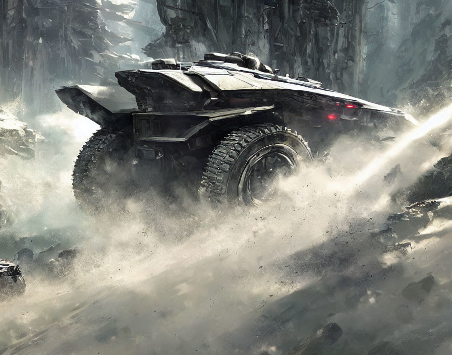 Futuristic armored vehicle with large tires speeding through rocky terrain