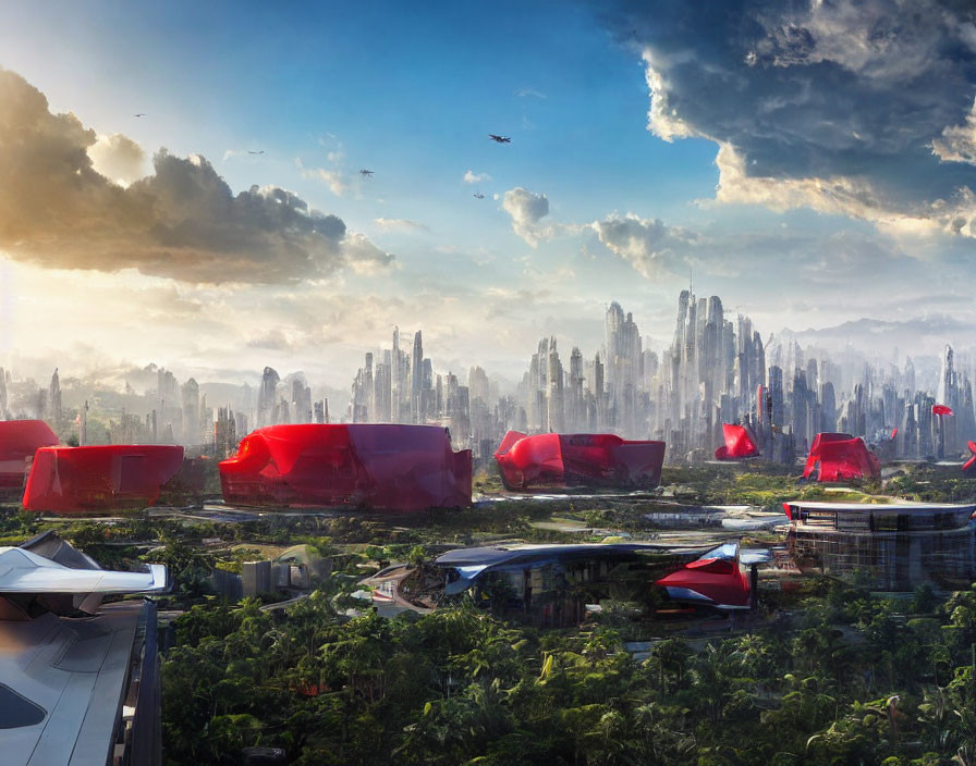 Futuristic cityscape with skyscrapers, greenery, and flying vehicles