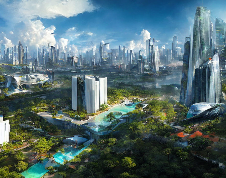 Futuristic cityscape featuring lush greenery and towering skyscrapers