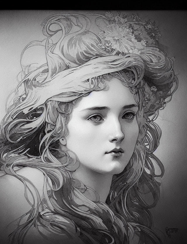 Detailed monochromatic illustration of young woman with flowing hair and headband, adorned with intricate florals