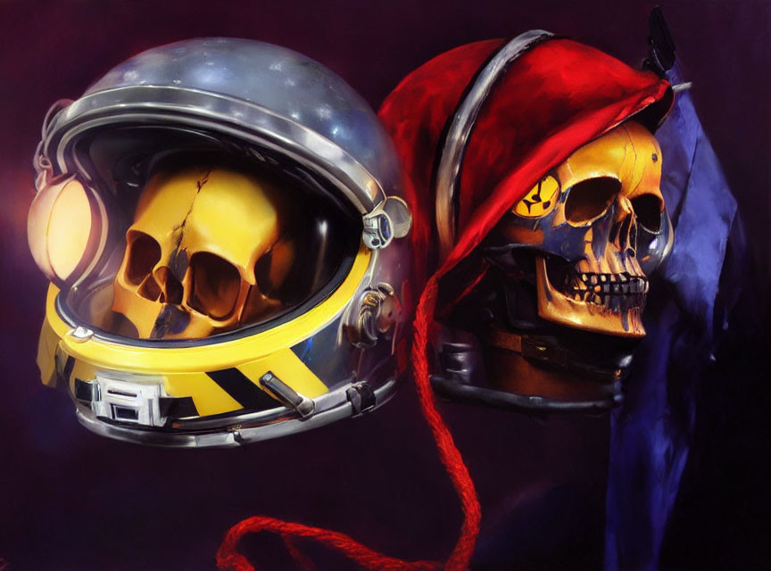 Skulls with astronaut and Santa hats linked by red string on purple background