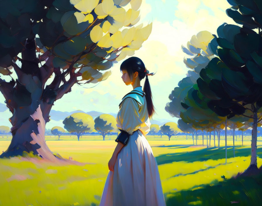 Tranquil girl in sunlit meadow with towering trees