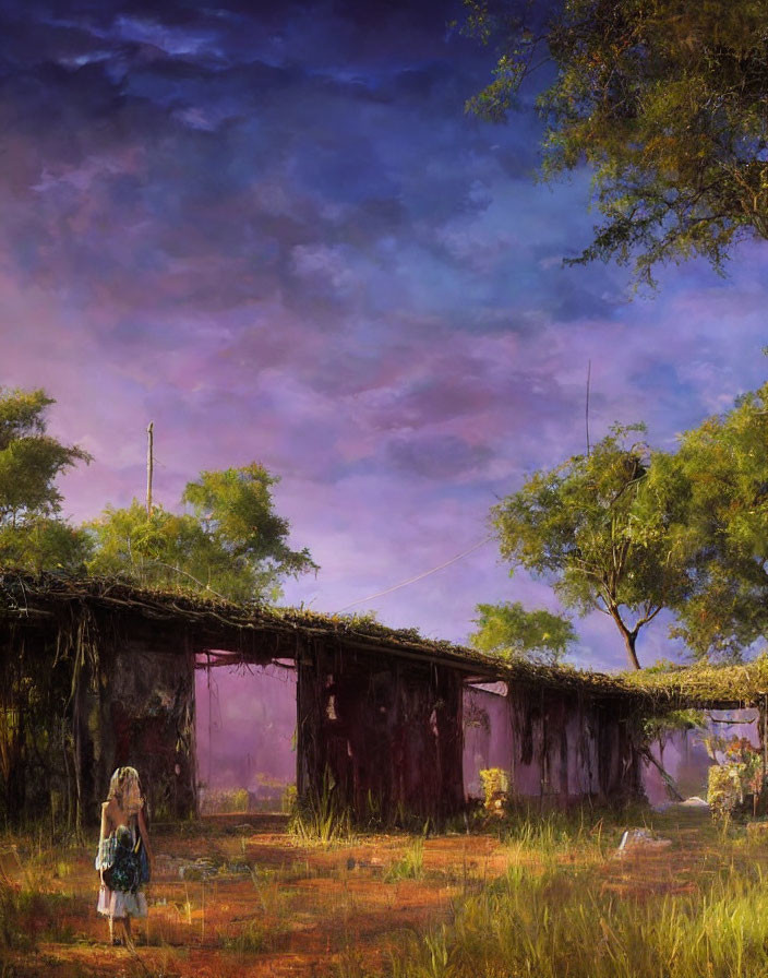 Girl in white dress walking to abandoned building under purple sky