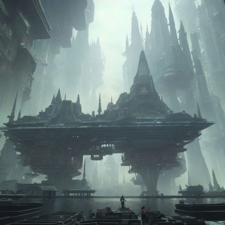 Futuristic cityscape with massive structures and lone figure.