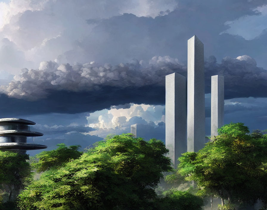 Futuristic cityscape with skyscrapers, greenery, and stormy sky