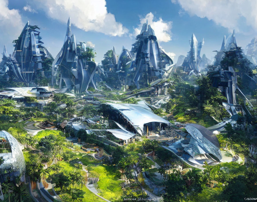 Futuristic cityscape with towering buildings and greenery under blue sky