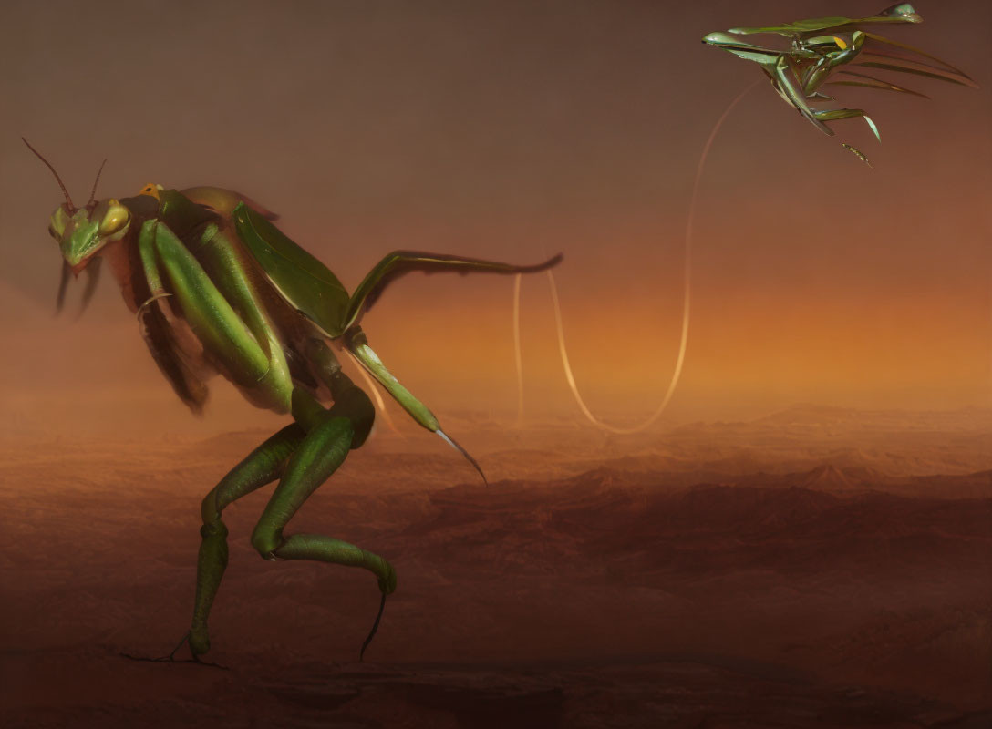 Giant mantis in desert landscape with flying companion against orange sky