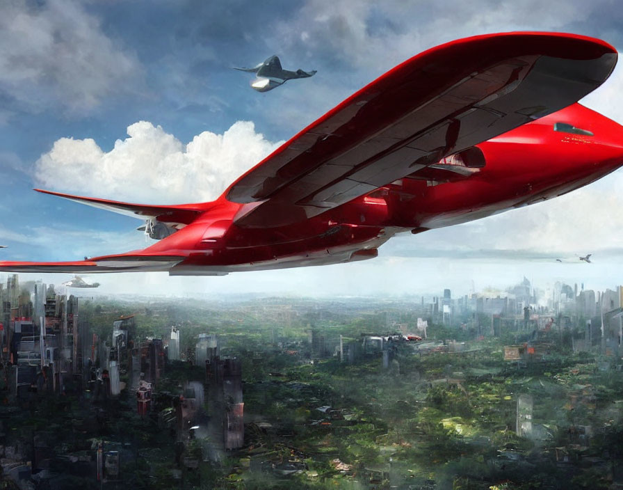 Red futuristic aircraft flying over advanced cityscape with flying vehicles.