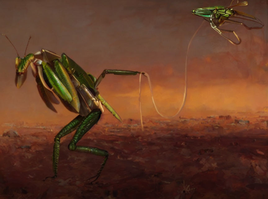 Surreal digital artwork: Giant mantis and flying insect in apocalyptic setting