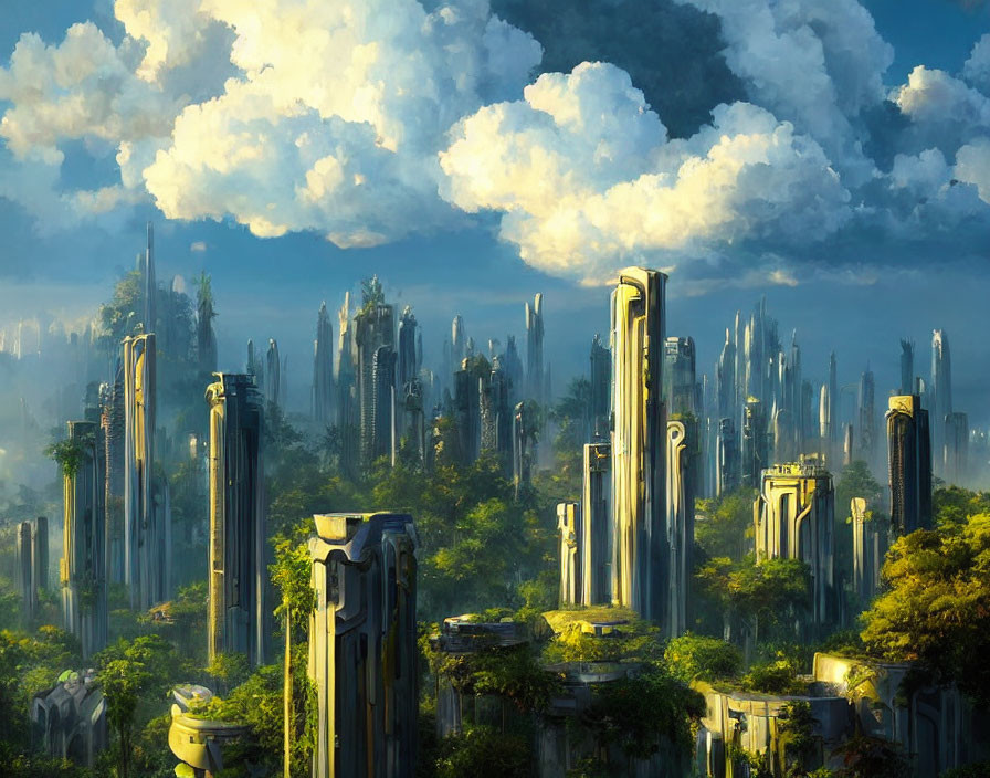 Futuristic skyscrapers in lush, vibrant landscape