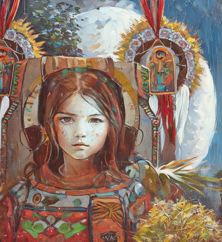 Young girl in ornate outfit with nature symbols against cloudy sky