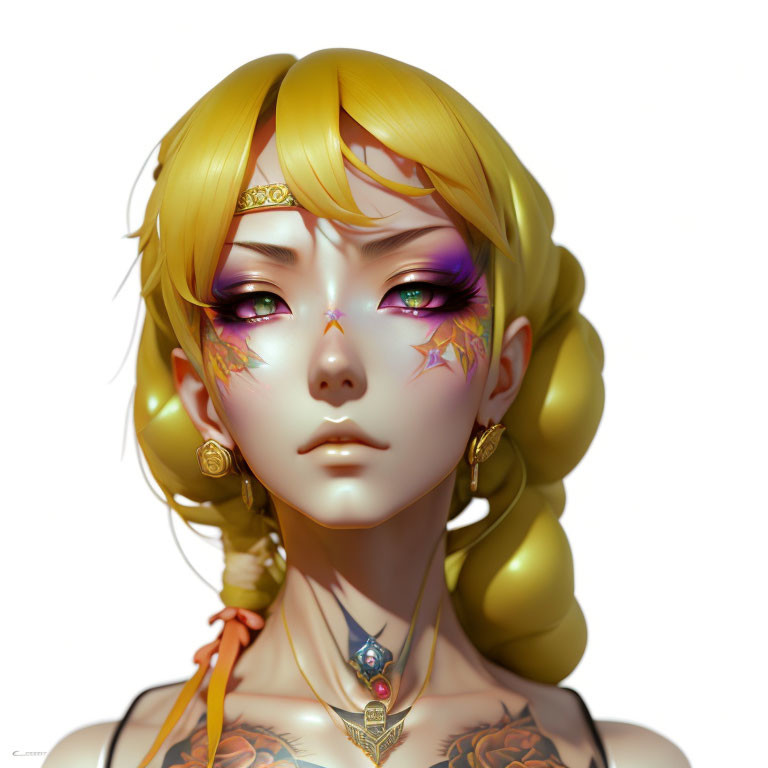 Detailed Illustration of Female with Golden Hair, Colorful Eye Makeup, Star Decals, Earrings