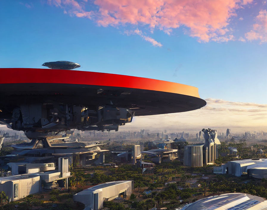 Futuristic cityscape with hovering saucer under sunset sky