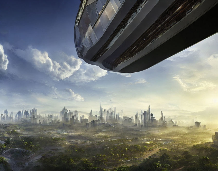 Futuristic cityscape with sunlight and hovering spaceship