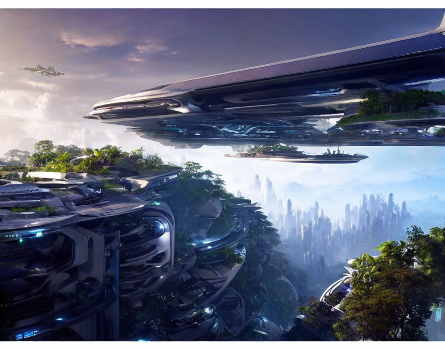 Advanced architecture and flying vehicles in futuristic cityscape.