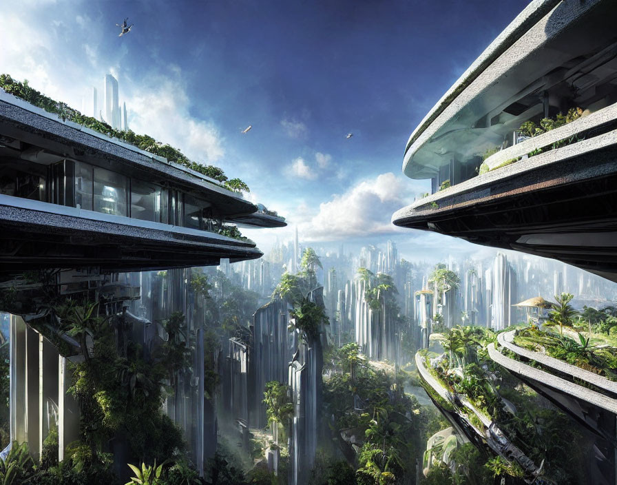 Futuristic cityscape with skyscrapers, greenery, flying vehicles