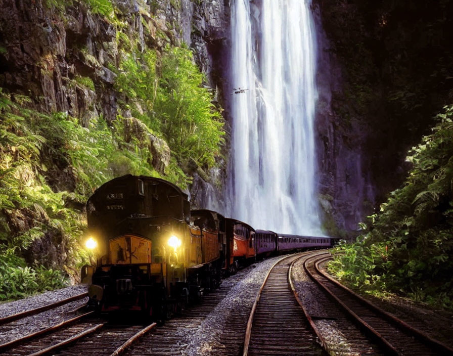 Vintage train near waterfall at dusk with lights on