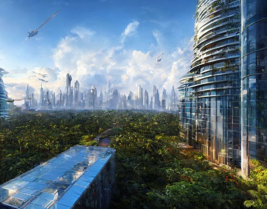 Futuristic cityscape with skyscrapers, greenery, and flying vehicles.