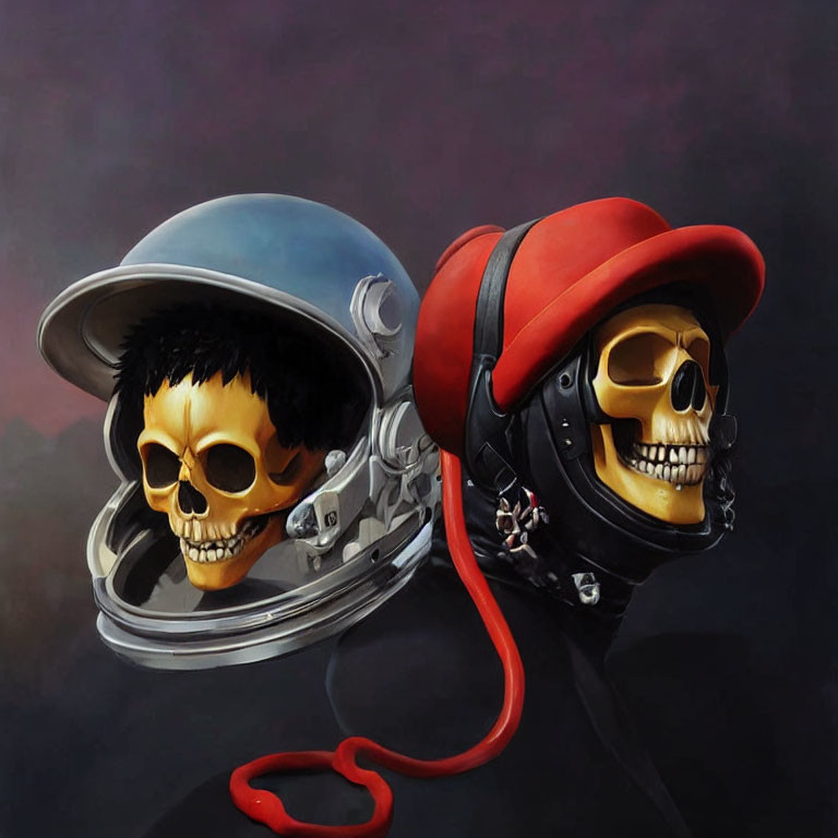 Stylized skulls in astronaut helmet and red cap with headphones on dark background