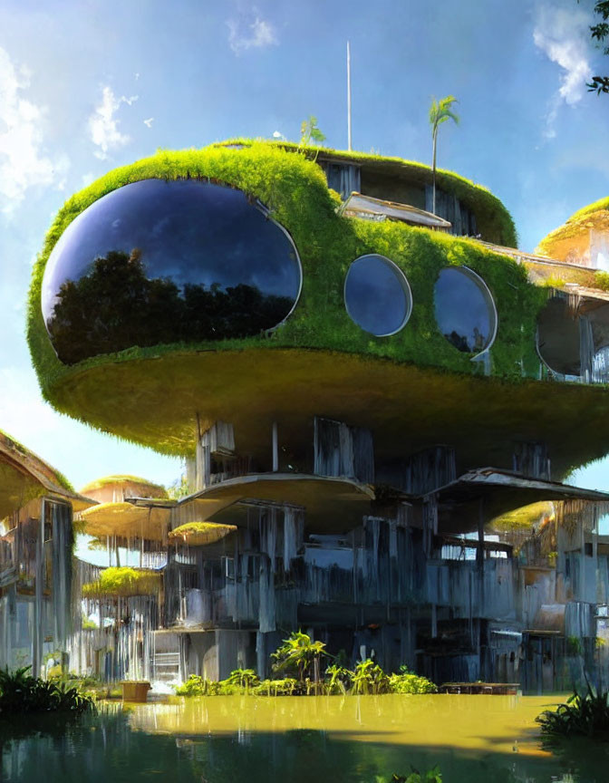 Organic moss-covered futuristic structure with spherical windows in lush green setting