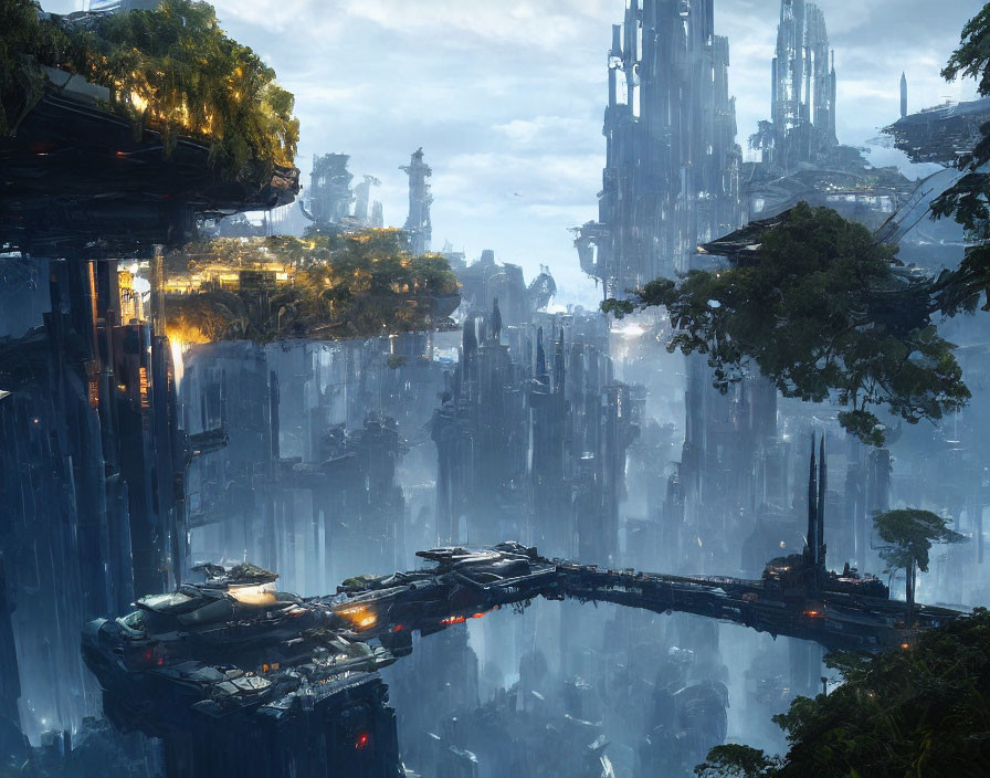 Futuristic cityscape with skyscrapers, tree-covered platforms, and bridge.