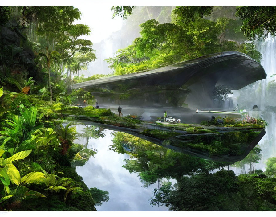 Lush Jungle with Futuristic Floating Structure and Waterfalls