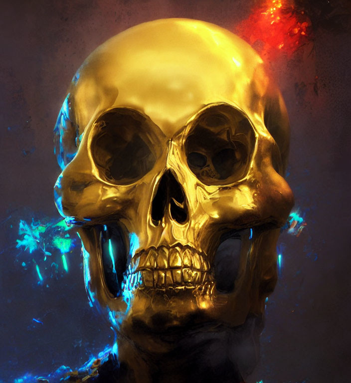 Golden Skull with Reflective Surface under Blue and Red Lighting