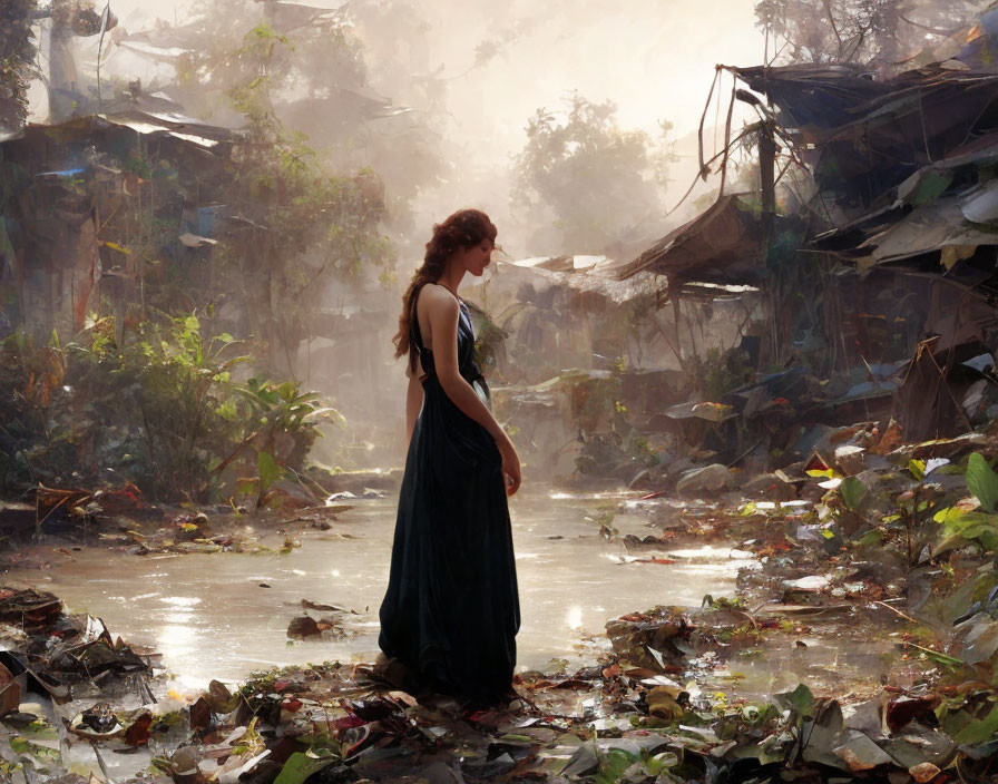 Woman in Blue Dress Contemplating in Dilapidated Area