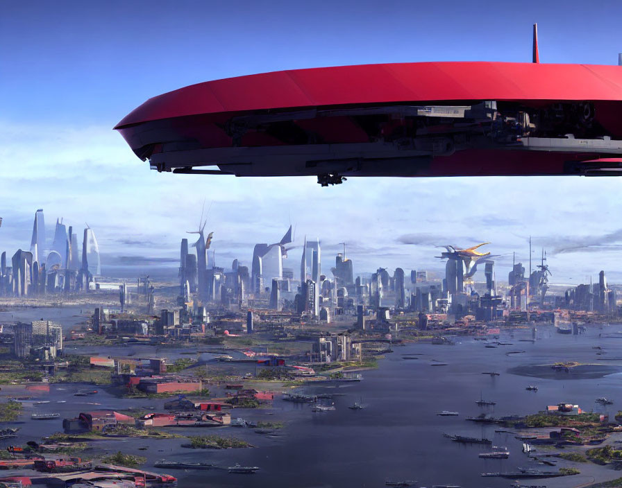 Futuristic cityscape with skyscrapers and red airship in advanced setting