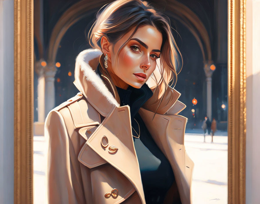 Illustrated woman in trench coat and turtleneck gazing over shoulder in city setting.