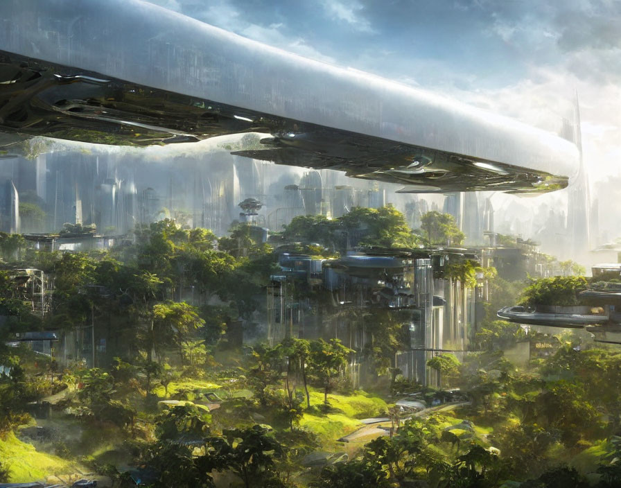 Advanced cityscape blending with lush greenery and hovering structures in a vibrant jungle landscape.